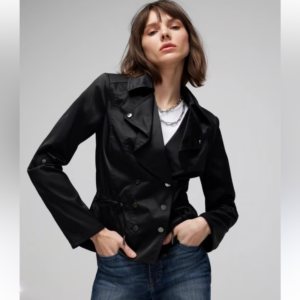 WHBM Black Satin Drape Moto Trench Jacket $198 Size 12 EUC KL